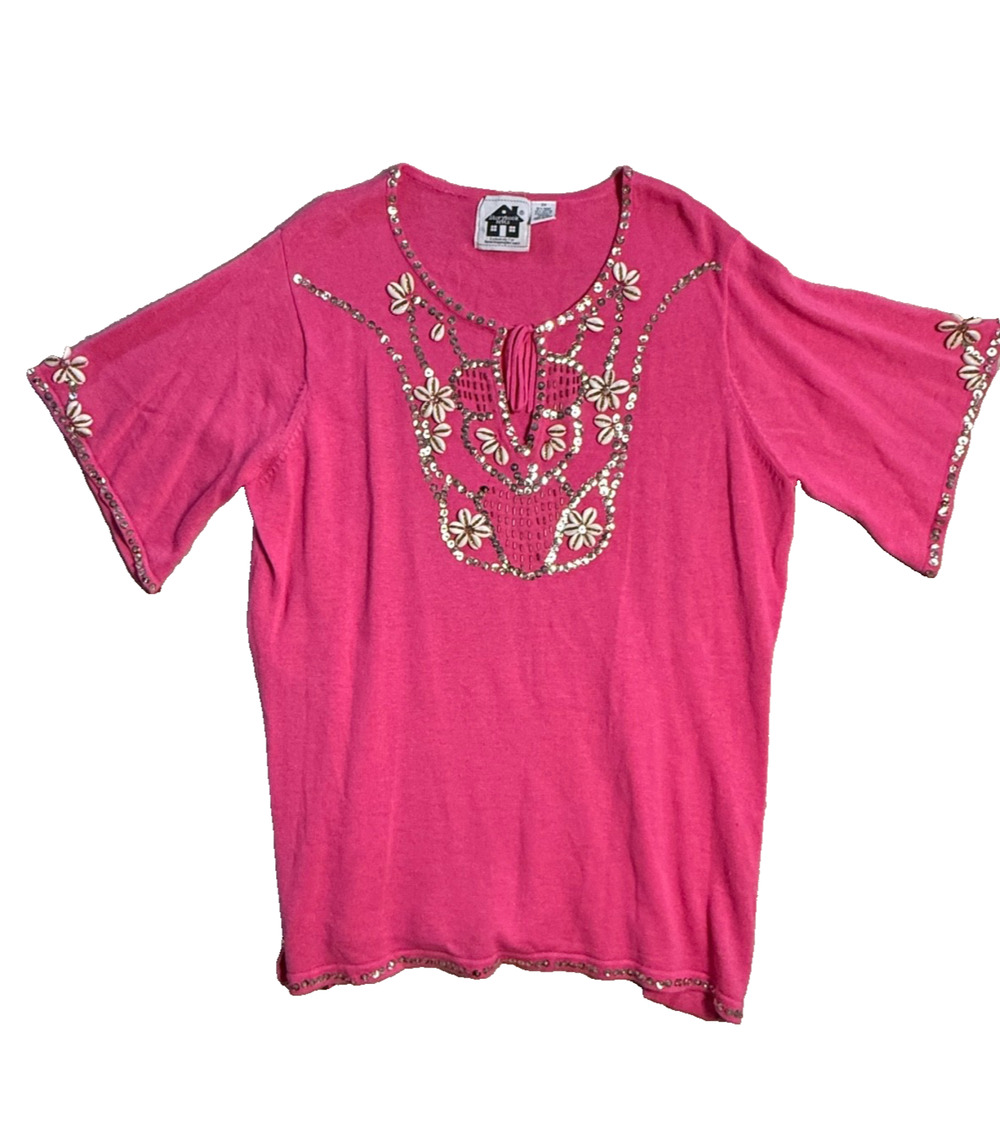 Storybook Knits Bermuda Paradise Pink Tunic Sweater Top Sz 2X Shells Sequins